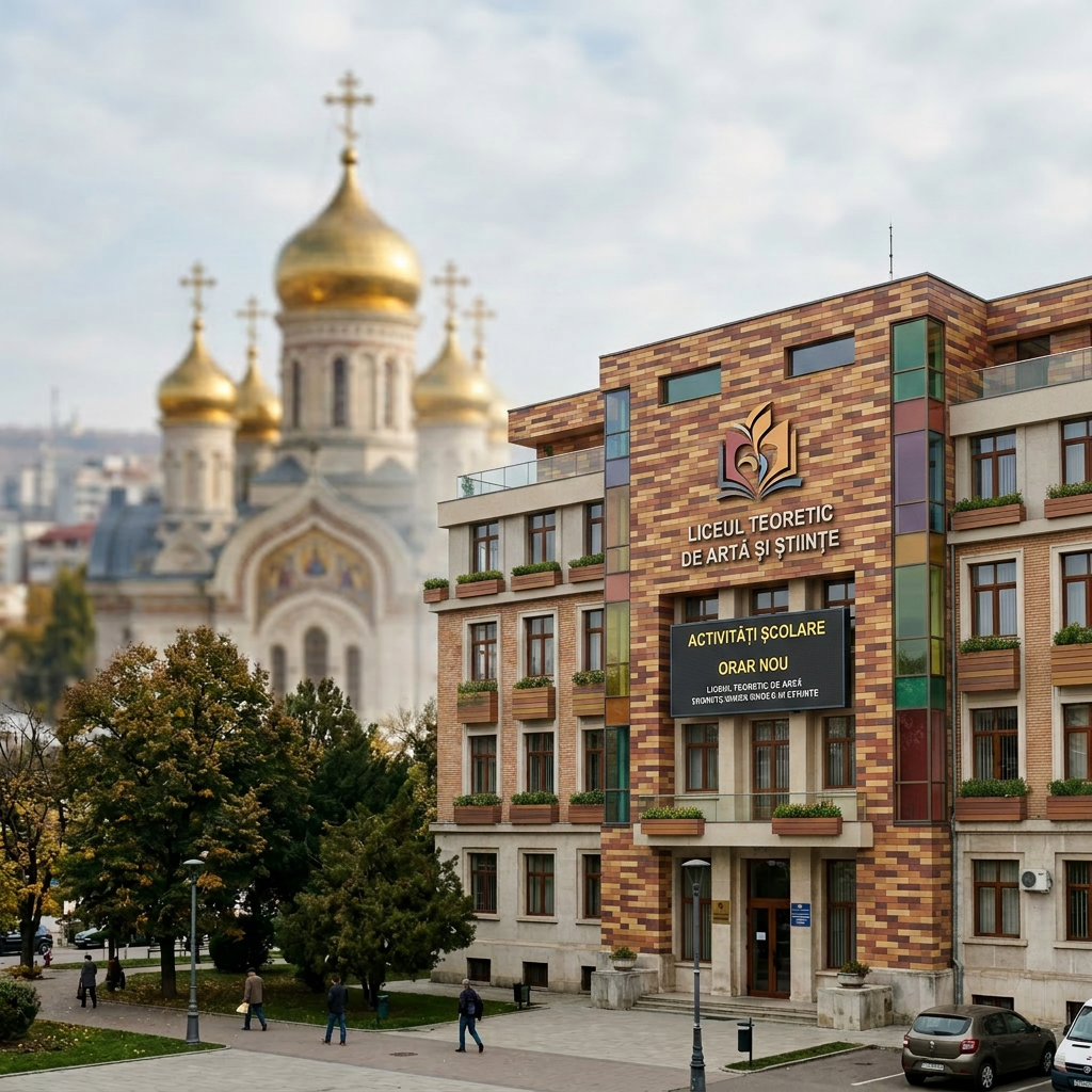 Moldovan administrative building with golden-domed Orthodox cathedral in background